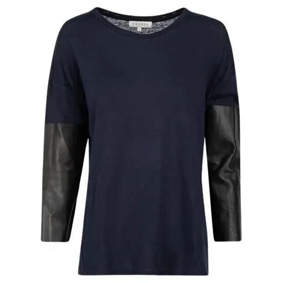Sandro Paris Linen Top Blouse Black Soft Leather Long Sleeve Knit shirt 1 S - Picture 1 of 7